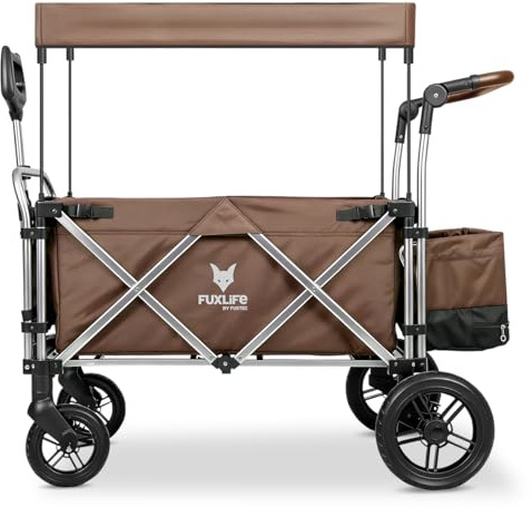 FUXTEC Bollerwagen faltbar FX-CTL900 Braun mit Dach - Transportwagen klappbar |inkl. Hecktasche mit Schuhfach & Komfort-Schiebegriff | 5-Punkt-Gurt | Handwagen/Leiterwagen – Das Original