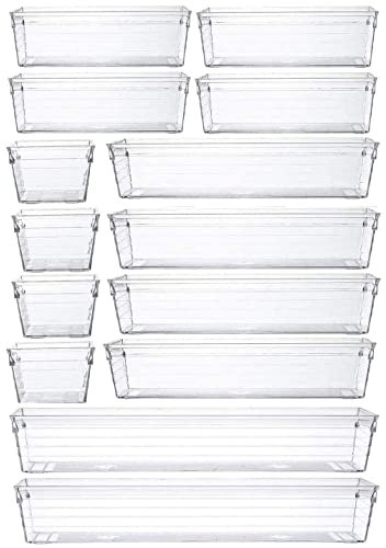 14 Pcs Kitchen Drawer Organiser Storage Trays for Makeup Bedroom Office, Desk Versatile, Plastic, Clear