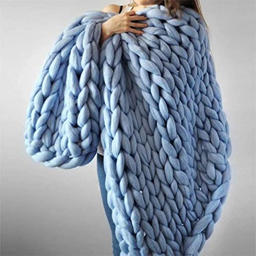 Riyueyi Manta de Punto Grueso Manta de Punto voluminosa de Lana Merino cálida y acogedora Manta de Ganchillo Hecha a Mano para sofá Cama Silla Alfombra para Mascotas,Azul,100x100cm/39x39in