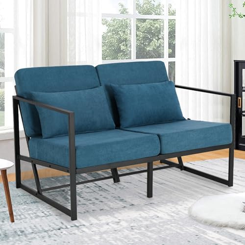 Mingone Sofa 2 Sitzer Couch Gepolstertes, Blau | Lounge-Sofa Sessel Mit Armlehnen Beinen aus Eisen für Wohnzimmer Schlafzimmer,114 x 72 x 72 cm