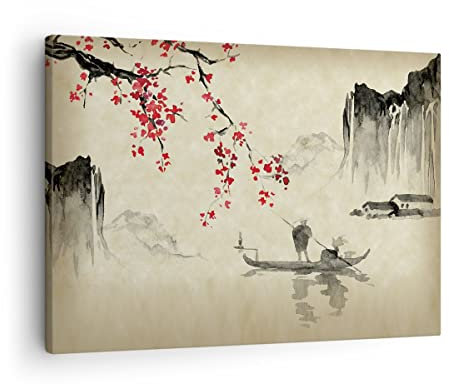Moderne Impression sur Toile Fleur Cerises Japon Image Tableau Decoration Murale 70x50cm Deco Cadre Décoration Salon Chambre Cuisine Horizontal Tableaux Decoratifs Muraux Art Wall Decor AA70x50-5020