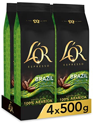 L'OR Espresso Brazil Café en Grano Natural 100% Arábica| 4x500g | Intensidad 6, Pack 4 unidades, 100% Natural