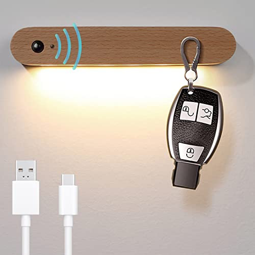 LED Akku Batterie Wandleuchte mit Bewegungsmelder Flur Holz Wandleuchte Innen mit Schalter USB Batteriebetriebene Induktions Warmweiß Sensor Nachtlicht mit Magnet Tragbare für Kinder Treppen Haushalt