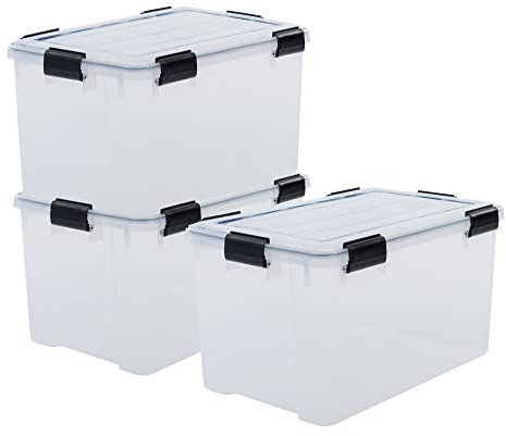 Iris Ohyama, Boite Rangement Hermétique, 70L, Lot de 3, Transparent, Couvercle avec Joint Etanche, 6 Clips de Fermeture, Empilable, pour Exterieur, Garage, Vetement, Anti Poussiere, Sans BPA, DDAT-LD