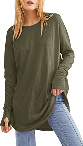 Ebifin Maglietta a Maniche Lunghe da Donna con Fori per i Pollici, Girocollo, Tunica, Felpa a Vestibilità Comoda., Verde militare, XXL