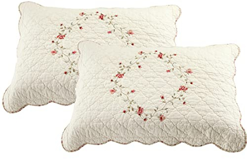 vctops 2-Piece Elegant Floral Embroidered Pillow Shams Queen Size 100% Cotton Quilted Decorative Pillow Shams Set (Cream,20x28)