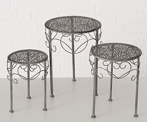 Spetebo Vintage Pflanztisch ORANIA aus Metall 3er Set - grau - Blumenhocker 40/34 / 27 cm mit Ornamenten - Shabby Chic Deko Beistelltisch Pflanzen Ständer Blumen Tisch