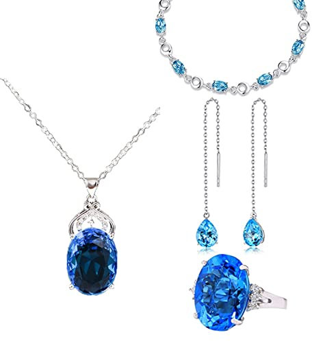 Schmuck Set Damen, Brautschmuck Set Silber mit Blauem Zirkonia Armband Ring Ohrring und Halskette Brautschmuck Vintage