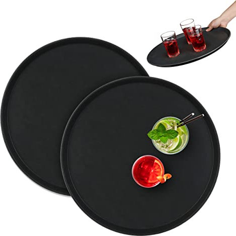 Relaxdays Set 2 Bandejas Bar, Redondas 45 cm Ø, Tabla Servir, Superficie Antideslizante, Camareros, Gastronomía, Negro, Caucho