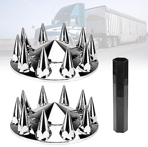 ABS Chrome Plastic Front Axle Cover Kit Spike Axle Wheel Covers 33mm Thread-On Lug Nut Covers with Removable Hub Caps for Semi Truck (Installation Tool Included) 2Pcs