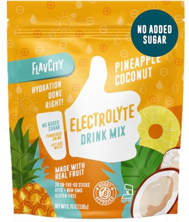 FlavCity Pineapple Coconut Electrolytes Powder Packets - 28 Hydration Packets - No Added Sugar - Hydration Powder with Real Fruit & Unrefined Sea Salt - Keto & Gluten-Free (28 Stick Packs)