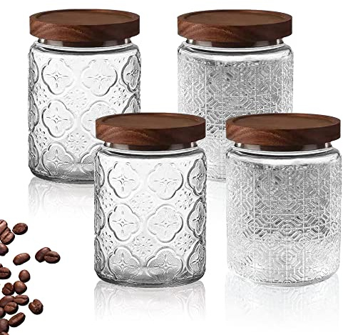 Vorratsgläser mit Deckel 4er Set, Vorratsdose, Luftdicht Aufbewahrungsgläser Gewürzgläser mit Holzdeckel, aus Verstärktem Borosilikatglas Glasbehälter Set, Verratsgläser für Kaffeebohnen(700ml)