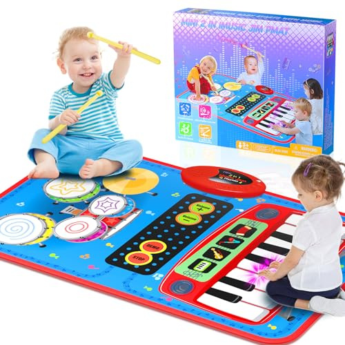 Oripira 2-in-1 Musical Mat Toys for 1 2 3 4 5 Year Old, Piano Keyboard & Drum Set with 2 Drum Sticks, Early Educational Musical Learning Toys Birthday for 1 2 3 4 5 Year Old Boys & Girls, Blue