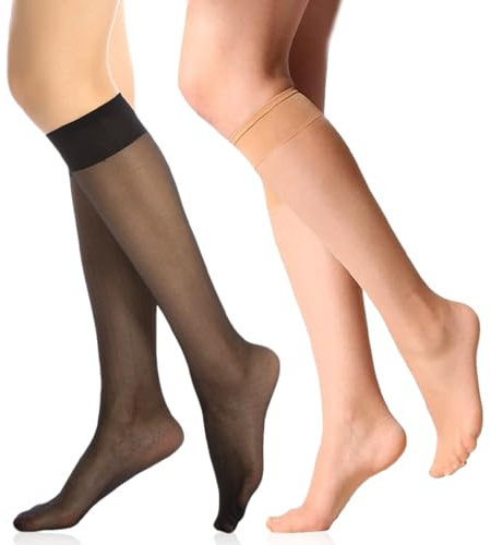 Vokmon 12 Pairs Knee High Socks for Women - Black, Nude, Sheer Pop Socks, Soft Long Stockings, Tights, Nylon Knee Tights for Ladies