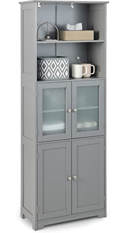 GIANTEX Badschrank, Badezimmerschrank mit Glastüren, 60 x 30 x 163 cm Aufbewahrungsschrank mit 2 offenen Fächern & Verstellbaren Regalen, Mehrzweckschrank Sideboard Küchenschrank (Grau)