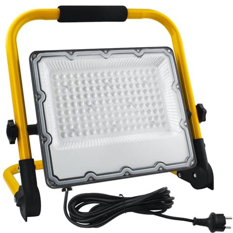 OUSIDE Faretto LED da Cantiere 100W, Portatile Farò LED da Cantiere con Spina Schuko e Staffa Pieghevole, Rotazione 360°,4 Metri di Filo,Luce Bianca 6500K,10000 Lumen - Ideale per Edilizia,Officina