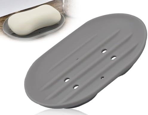 KAPSING Seifenschale Silikon, Ovale Seifenschale Silikon mit Ablauf, Seifenablage rutschfest und Robust, Seife Schale für Badezimmer Dusche Küche Zähler(Grau)