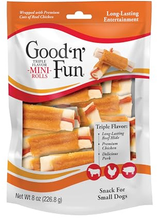 GOOD 'N' FUN Triple Flavor Mini Rolls, 8 Ounce, Treat Your Small Dog to a Long-Lasting Rawhide Chews
