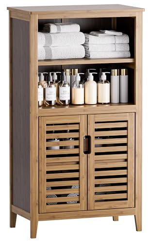 HITNET Bathroom Storage Cabinet, Floor Standing Utility Kitchen Cupboard Unit with Doors and 2 Movable Shelves, Side Storage Organizer Bamboo, Walnut