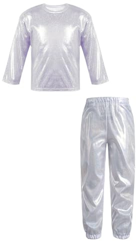 Zaldita Conjunto de baile metálico para niñas, camiseta de manga larga con pantalones de baile brillantes, conjunto de ropa Hip Hop, conjunto Jazz, plata, 146-152