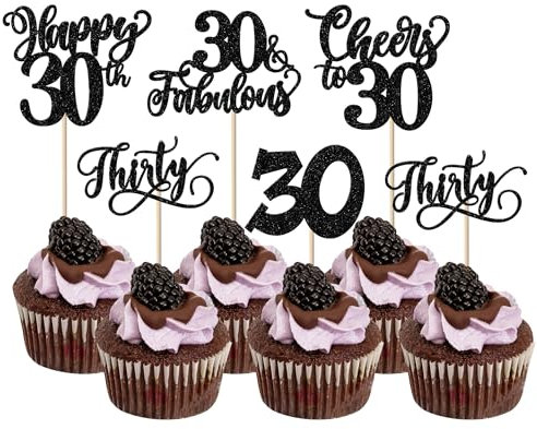 SYKYCTCY 30 Pack Happy 30th Birthday Cupcake Toppers Glitter Thirty Fabulous 30 Cheers to 30 Cupcake Picks Happy 30 Cupcake Decorations for Birthday Anniversary Party Supplies Black