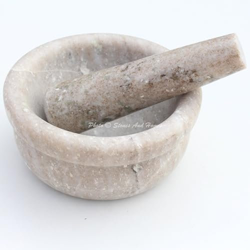 Stones And Homes Juego de mortero y mortero marrón indio, cuenco grande, piedra de mármol, molcajete, especias para cocina y hogar, 5 pulgadas, pulido decorativo, redondo, triturador de especias (13 x