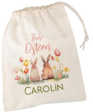 Herz & Heim® Geschenksack zu Ostern 14 cm x 20 cm (B/H) personalisiert mit Wunschnamen (2 Hasen Watercolor)
