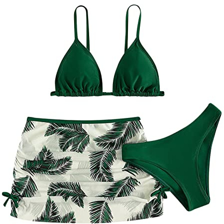 Maillot De Bain Enfant Fille Triangle 6-16 Ans Ensembles de Bikini 3 Pieces Haut De Maillot De Bain Rembourré + Tanga Ado Fille Tropical Plage Piscine Natation Vacances (Green, 14-16 Ans)