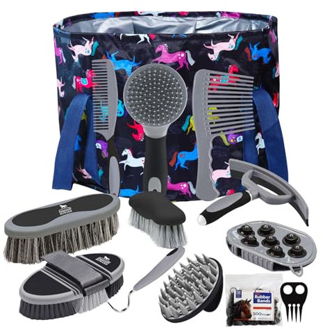 Harrison Howard Pferdepflegeset, 11-teiliges Pferdepflegeset, Pferdebürsten-Sets mit Organizer, Tragetasche, Putzzeug, Zubehör, Fellpflege, Massagewerkzeug, schwarze Pinselstrich-Ponys