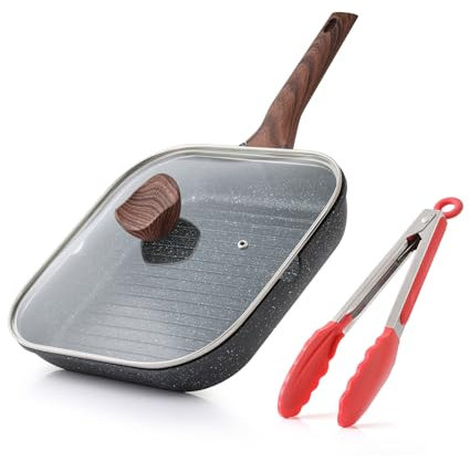 Kordisen Padella Bistecchiera Antiaderente con Coperchio 28 cm – Griglia Quadrata con Rivestimento in Granito, Doppio Beccuccio, Adatta all’Induzione, Senza PFOA