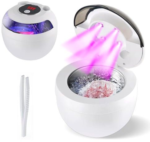 Binlingdaily Pulitore a ultrasuoni per protesi da 45 kHz, 200 ml, 4 modalità con timer digitale, paradenti per allineatore, guardia notturna, bretelle, spazzolino da denti, gioielli