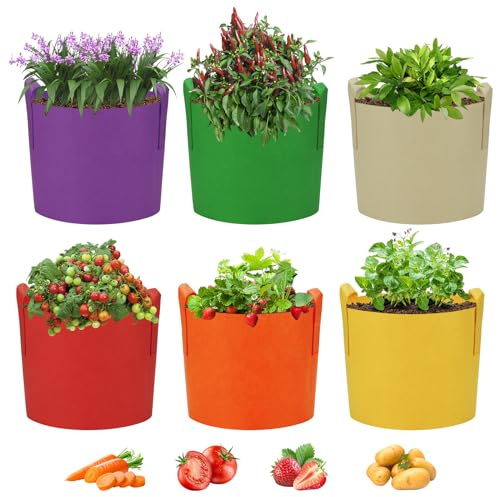 Ohiyoo 7 Gallon Plant Grow Bags, 6-Pack Multicolor Fabric Planters Grow Bags Vegetable Planter Bags Containers, Fabric Plant Pots for Potato Tomato Vegetable Flowers (7 Gal)