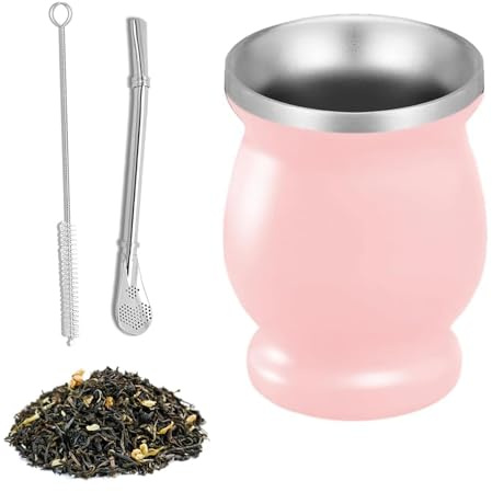Set da tè Maté, Set da tè Companion in Acciaio Inox, Tazza Mate da 260 ml, a Doppia Parete, con Cucchiaio per Cannuccia e Spazzola per la Pulizia, Tazza Facile da Pulire, per Tè Mate, Caffè (Rosa)