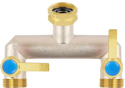 Upgraded Brass Garden Hose Splitter 2 Way Heavy Duty with Extension Handle | 3/4 Outdoor Faucet Splitter Water Spigot Splitter with Individual On/Off Valve
