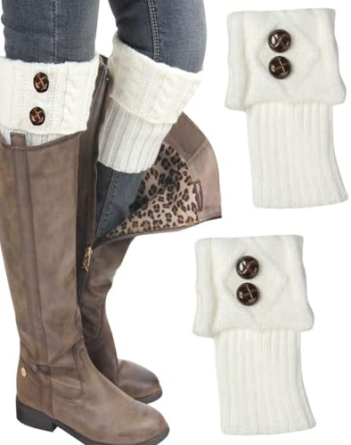 TOZBLEU Guêtres femme,1 Paires Guêtres Jambières Tressés Tricots Legging Chaussettes Femme Boot Cover Hiver Chaude Bouton Cuissard Taille Unique pour Femme Fille,Design chaud et confortable(Blanc)