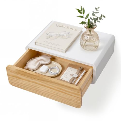 SUMGAR Nachttisch hängend Weiß Holz mit Schublade Nachtschrank schwebend | Fertig montiert, Platzsparende Wandmontage mit verdecktem Griff, 28,5 x 40 x 13cm, 8kg belastbar, Schlafzimmer, Kinderzimmer