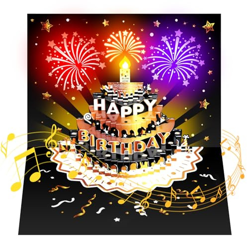 Birthday Cards, 3D Pop-up Happy Birthday Card With Musical & Lights & Blowable Candle, Black Gold Fireworks Birthday Card with Envelope,Greeting Card Birthday for Women Men Husband Wife Friends Kids