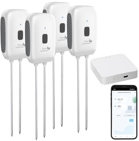 Royal Gardineer Bodenfeuchtigkeitssensor: 4er-Set Boden-Feuchtigkeits-&Temperatur-Sensoren mit WLAN-Gateway, App (Boden Feuchtigkeitsmesser WLAN, Bodentemperatur Sensor, Thermo)