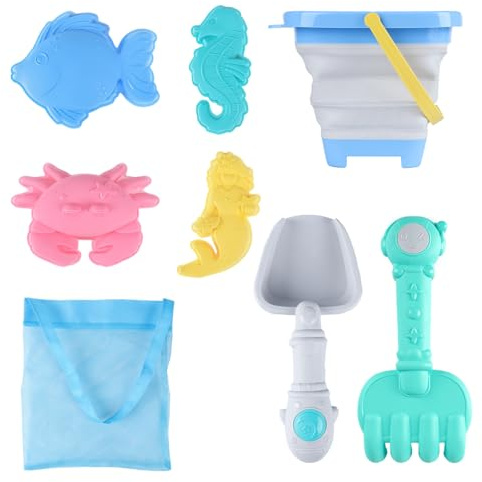 KUDLE 7 Stück Sandspielzeug Set Kinder, Strandspielzeug Sand Spielzeug mit Faltbarer silikon Eimer Schaufel Sandharke Sandförmchen Für Kinder Jungen Mädchen