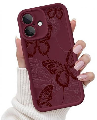 FUXICASE for iPhone 16 Case, Creative Butterfly Pattern Design for Girl Women, Soft Silicone Shockproof Anti-Scratch Protection Phone Cover for iPhone 16 (Burgundy Red Butterfly)