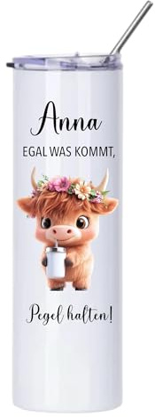 MiniGifts Personalisierter Thermobecher to go Weinbecher Edelstahl Strohhalm 'Mädels Pegel halten' Wunschname Isolierter Becher Aperol Spritz Thermobecher Geschenk Frau Freundin (Kuh)