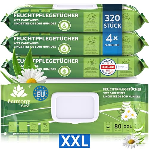 Harmony Care® Premium Feuchttücher für Erwachsene für die alltägliche Pflege – XXL Feuchtpflegetücher extra dick mit hautschonenden Extrakten - Intimpflegetücher Alkohol- und Parabenfrei - 320 Stück