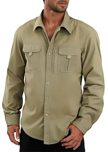Duohropke Chemise d'extérieur à manches longues pour homme - Protection UV - Respirante - Boutonnée - Avec poches - Pour la pêche, la chasse, le trekking, le travail, kaki, M