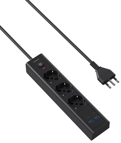 TESSAN Ciabatta Multipresa con USB, 7 in 1 Ciabatta Elettrica Multipresa con 3 Prese Schuko e 4 USB, 4000W Prolunga Elettrica 2 Metri con 1 Interruttore, Presa Multipla Salvaspazio Nera