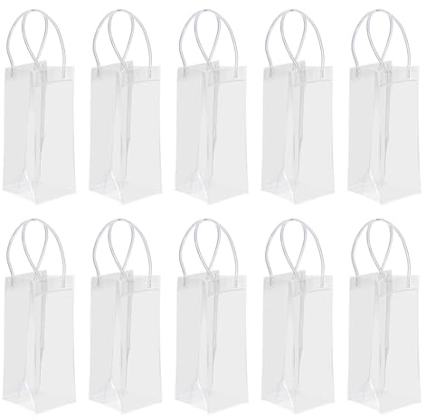PATIKIL Ice Wine Bag, 10 Pcs Portable Collapsible Clear Wine Pouch Cooler Clear PVC Gift Bags with Handles for Champagne Party Outdoor Cold Beer White Wine Chilled Beverages, Transparent