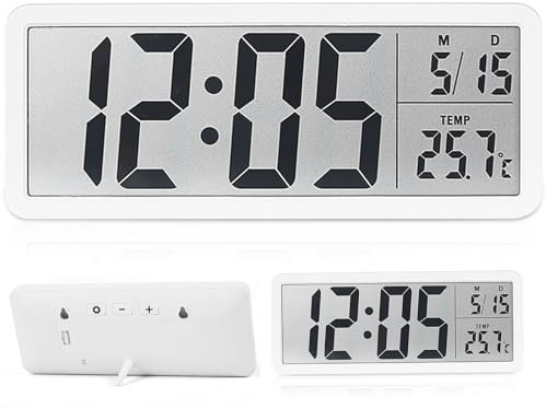 Chingcoo Weiße Digitale Wanduhr mit Temperaturanzeige – Batteriebetrieben, 12/24 Stunden, ideal für Schlafzimmer, Wohnzimmer, Büro und Schule