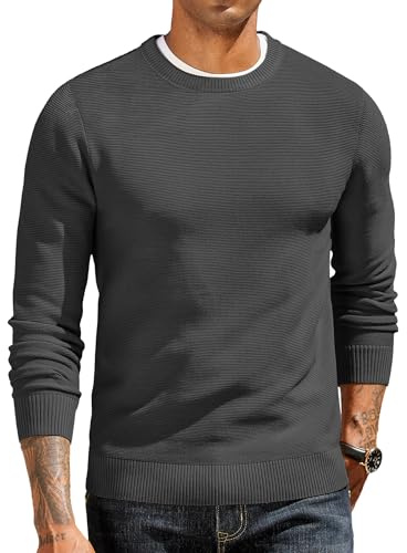 COOFANDY Herren Pullover Rundhals Strickpullover Business Pullover Männer Pulli Herrenpullover Langarm Winterpullover Feinstrickpullover Sweater Herren Sweatshirt Dunkelgrau L