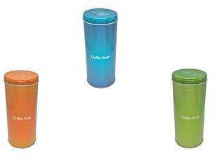 James Premium Kaffeepad-Aufbewahrungsdosen Set, 3 Stück, Metalldosen in Grün, Blau und Orange mit Edelstahl Padheber