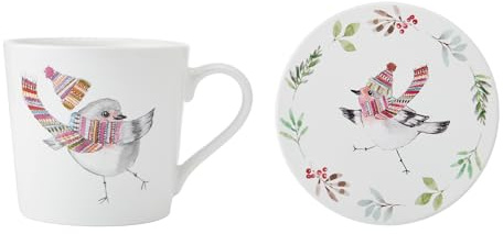 MIKASA TipperleyHill Fine China Mug and Coaster Set for Coffee and Tea, China Coffee Cup, 380ml, Christmas Robin Themed Collection, Ideal for Gifting