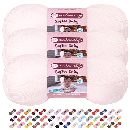 Makromecity 3 Strang Softee Baby Garn, 100% Anti-Pilling Acryl, je 100 g, 250 m, weiches Premium Garn zum Häkeln und Stricken, Baby-Strickjacken, Decken, Mützen und Babyschuhe (Schneeweiße, 3 Strang)